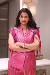 Magenta Pink Striped Woven Banarasi Silk Blazer Set