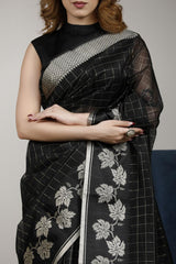 Black Banarasi Cotton Office Wear Saree with Zari Checks