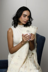 White Banarasi Kota Cotton Office Wear Saree with Sona Rupa Motifs