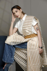 Off White Banarasi Cotton Silk Office Wear Saree with Hand Painted Blouse