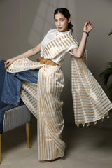 Off White Banarasi Cotton Silk Office Wear Saree with Hand Painted Blouse