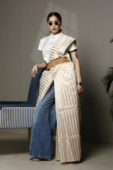 Off White Banarasi Cotton Silk Office Wear Saree with Hand Painted Blouse