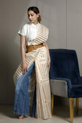 Off White Banarasi Cotton Silk Office Wear Saree with Hand Painted Blouse