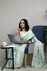 Powder Blue Kota Cotton Saree With Sona Rupa Floral Motifs