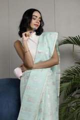 Powder Blue Kota Cotton Saree With Sona Rupa Floral Motifs