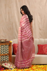 Baby Pink Banarasi Cotton Saree with Stripes and Water Gold Zari Buta