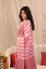 Baby Pink Banarasi Cotton Saree with Stripes and Water Gold Zari Buta