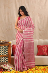 Baby Pink Banarasi Cotton Saree with Stripes and Water Gold Zari Buta