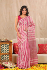 Baby Pink Banarasi Cotton Saree with Stripes and Water Gold Zari Buta