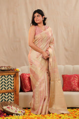 Beige and Pink Banarasi Cotton Saree with Roopa Sona Floral Stripes
