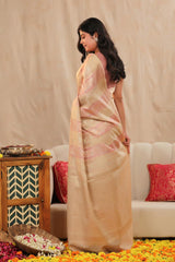 Beige and Pink Banarasi Cotton Saree with Roopa Sona Floral Stripes