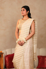 White & Gold Striped Banarasi Cotton Saree for South Indian Bride