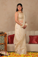 White & Gold Striped Banarasi Cotton Saree for South Indian Bride
