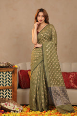 Olive Green Banarasi Cotton Saree with Gold Zari Diagonal Checks