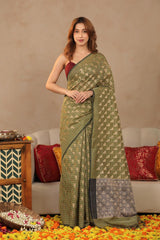 Olive Green Banarasi Cotton Saree with Gold Zari Diagonal Checks
