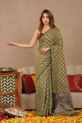 Olive Green Banarasi Cotton Saree with Gold Zari Diagonal Checks
