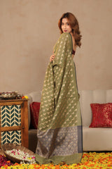 Olive Green Banarasi Cotton Saree with Gold Zari Diagonal Checks