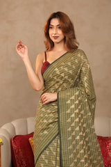 Olive Green Banarasi Cotton Saree with Gold Zari Diagonal Checks