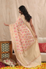 Ivory Banarasi Cotton Saree with Gold Zari Jaal and Meenakari