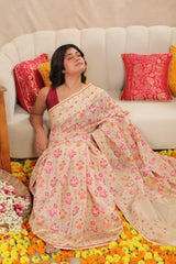 Women wearing Ivory Banarasi Cotton Saree, LightWeight Saree.