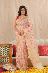 Ivory Banarasi Cotton Saree with Gold Zari Jaal and Meenakari
