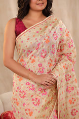 Ivory Banarasi Cotton Saree with Gold Zari Jaal and Meenakari