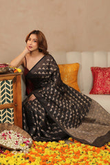 Black Banarasi Cotton Saree with Gold Zari Diagonal Checks