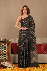 Black Banarasi Cotton Saree with Gold Zari Diagonal Checks