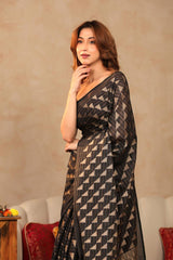 Black Banarasi Cotton Saree with Gold Zari Diagonal Checks
