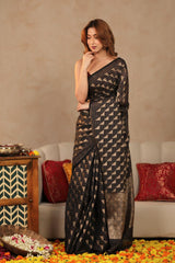 Black Banarasi Cotton Saree with Gold Zari Diagonal Checks