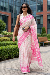Women in White & Pink Banarasi Cotton Saree with Resham Weaving