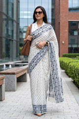 Women in White & Navy Blue Banarasi Cotton Saree with Resham Weaving