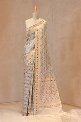 Cream Banarasi Cotton Saree with Gold Zari Jaal and Meenakari