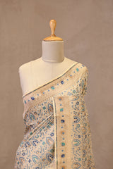 Cream Banarasi Cotton Saree with Gold Zari Jaal and Meenakari