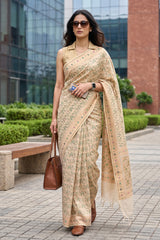 Women in Cream Banarasi Cotton Saree with Gold Zari Jaal and Meenakari