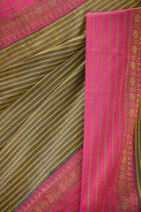 Green Striped Banarasi Cotton Saree With Contrast Border