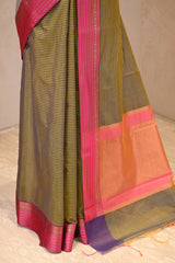 Green Striped Banarasi Cotton Saree With Contrast Border