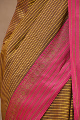 Olive Striped Banarasi Cotton Saree With Contrast Border