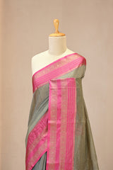 Black Banarasi Cotton Silk Saree with Zari Floral Border