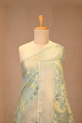 Steel Blue Banarasi Cotton Saree with Resham Floral Jaal