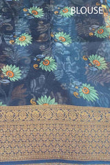 Blue Chanderi Silk Saree With Kalamkari Floral Prints