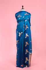 This Cobalt Blue Pure Banarasi Silk Saree is a wedding saree and festive wear saree. Free Shipping Available!