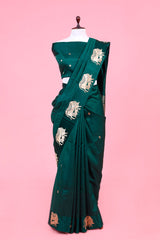 This Green Pichwai Pure Banarasi Silk Saree is a wedding saree and festive wear saree. Free Shipping Available!