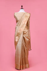 This Beige Pichwai Pure Banarasi Silk Saree is a wedding saree and festive wear saree. Free Shipping Available!
