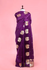 This Purple Pichwai Pure Banarasi Silk Saree is a wedding saree and festive wear saree. Free Shipping Available!