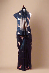 Deep Blue Banarasi Silk Saree in Nita Ambani Style draped on a mannequin