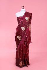 This Maroon Ethnic Handloom Banarasi Silk Saree is a wedding saree and festive wear saree. Free Shipping Available!