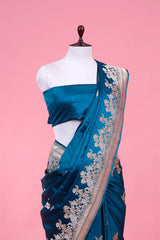 Peacock Blue Handloom Satin Silk Banarasi Saree