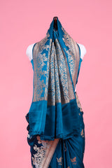 Peacock Blue Handloom Satin Silk Banarasi Saree