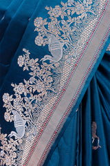 Peacock Blue Handloom Satin Silk Banarasi Saree